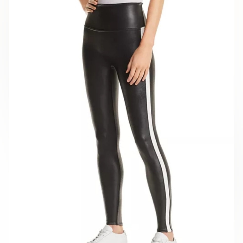Spanx Black & White Faux Leather Stripe Nylon Wetlook Tight Leggings Size XS